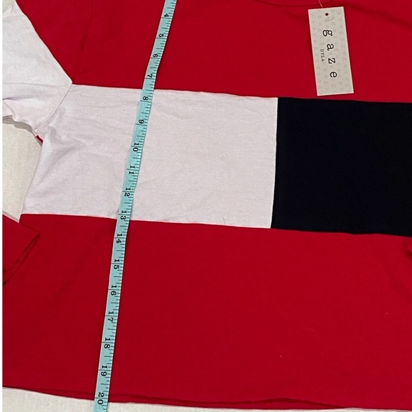 New GAZE Women’s Long Sleeve Boxy Fit Cropped Shirt Sz M Patriotic Color Block - Picture 9 of 11